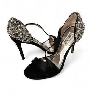 Badgley Mischka Crystal Embellished Black Satin Heels Size 6